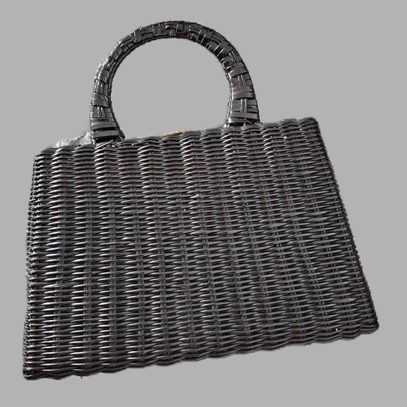 Vintage 1960's Black Wicker Handbag with Colorful Plaques By ADG Fashion Import - Picture 2 of 10